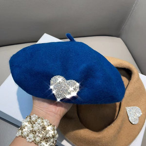 羊毛呢爱心水钻胸针贝雷帽冬季保暖时髦百搭优雅南瓜帽显脸小冷帽
