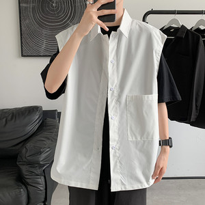 港风马甲衬衫男秋冬季百搭宽松学生无袖衬衣潮牌ins休闲背心外套