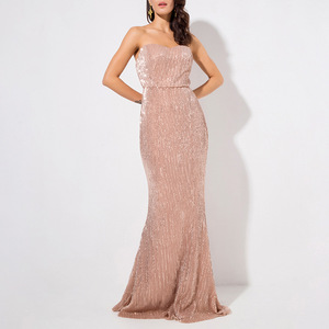 sequin long dress 外贸金色抹胸亮片拖地宴会礼服长裙