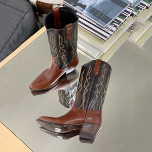 欧美马靴2021新款百搭刺绣套筒西部牛仔靴复古骑士靴女粗跟中筒靴