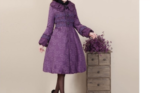 2024年冬新品女装紫色优雅收腰大摆外加厚修身外套棉衣棉服中长款