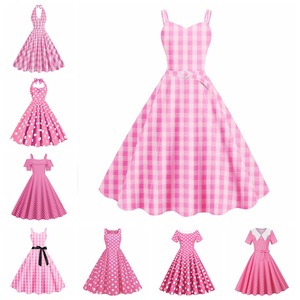 法式复古真人版芭比粉色系列长裙修身格纹波点印花收腰大摆连衣裙