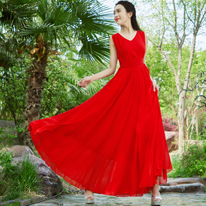 复古大红色飘逸v领无袖大摆雪纺连衣裙女海边度假沙滩裙长裙纯色
