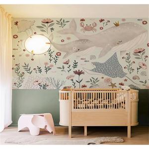 海豚鲸鱼插画壁纸北欧风儿童房墙纸女孩卧室床头背景墙布定制壁纸