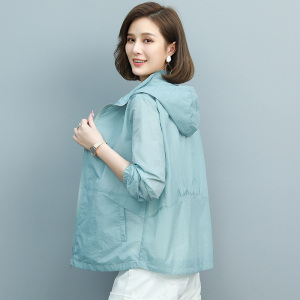 防晒衣女夏季2022新款妈妈短款长袖外套薄款连帽透气双层防晒服女
