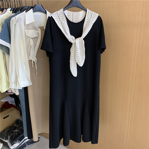 法式短袖连衣裙女2024年夏季新款设计感小众蕾丝披肩中长款t桖裙