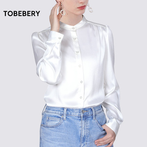 tobebery 春装2024年新款垂坠感雪纺衬衫女装纯色立领衬衣