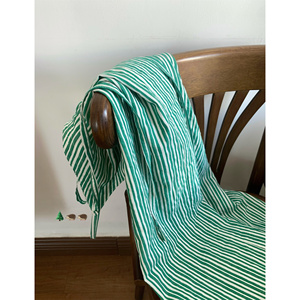 野梨树下 “风的季节“色织绿条纹棉麻无袖吊带大摆连衣裙