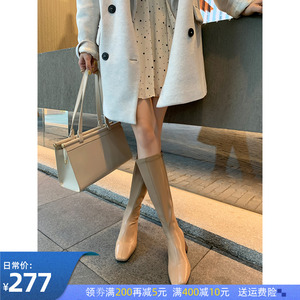 杏色长靴女显瘦方头粗跟中跟骑士靴弹力高筒瘦瘦靴高跟小个子女鞋