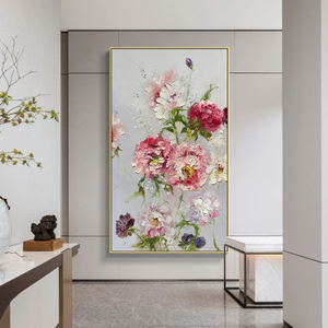 纯手绘油画入户玄关装饰画竖版牡丹花开富贵壁画走廊过道花卉挂画