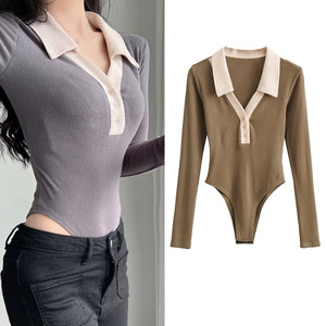 欧美bm风撞色v领连体衣女勒阴辣妹穿搭性感连裆长袖t恤打底衫上衣