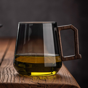 中式复古玻璃杯待客茶杯家用喝水杯子耐高温木柄水杯工夫茶套装