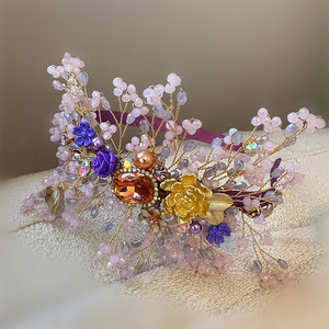 韩式超仙新娘头饰森系花朵婚礼粉色水晶发箍满天星仙女婚纱压发饰