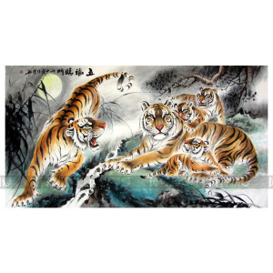 新款正品dmc十字绣客厅横幅五虎图五福临门镇宅风水画国画老虎