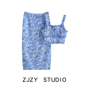 ZR 欧美风 ZA女装 法式设计短款吊带印花上衣 度假风高腰半身裙
