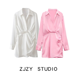 ZR 欧美风 ZA女装 围裹衬衣式丝缎质感长袖连衣裙 9492650 250