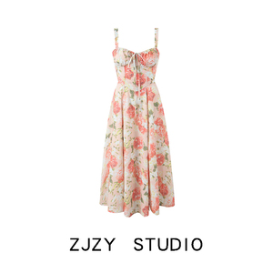 ZR 欧美风 ZA女装 法式 时尚棉布印花系带宽松中长款吊带连衣裙