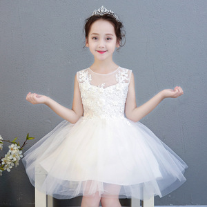 儿童婚纱白色女童生日晚礼服公主裙小主持人花童钢琴走秀演出服夏