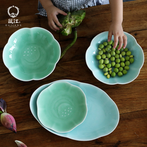 瓯江龙泉青瓷餐盘7-9英寸水果盘家用陶瓷日式菜盘出口菜碟鱼盘