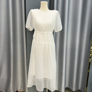 莎碧昵2289连衣裙2022夏新女长裙压皱高腰抽绳圆领通勤系带泡泡裙