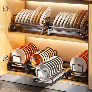 不锈钢抽拉式碗碟碗盘沥碗架橱柜内置厨房收纳碗柜碗晾放篮置物架