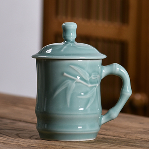 龙泉青瓷茶杯陶瓷杯带盖子泡水杯办公室会议杯个人杯家用足浴杯