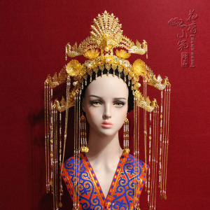 中式新娘头饰 大凤冠皇后华丽大婚古装发饰流苏五凤钗冠金色原创