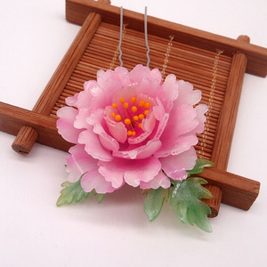 手工粉色牡丹花热缩片发簪复古风发钗芍药小钗发饰仙气汉服配饰簪