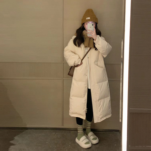 白色棉衣女中长款高级感2023冬季新款韩系连帽小个子羽绒棉服外套