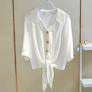 一线品牌专柜剪标女装尾货白衬衫半袖宽松显瘦系带短款上衣雪纺衫