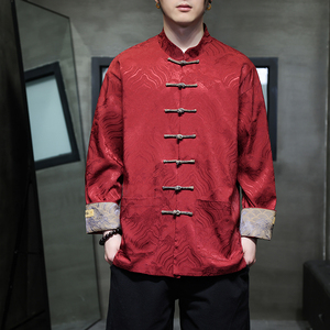新中式男装中国风红色唐装衬衫外套春季长袖衬衣本命年汉服上衣男