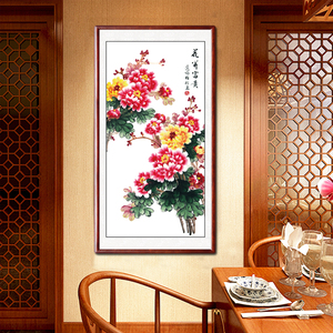 新中式手绘牡丹画国画中堂画客厅水墨画花开富贵牡丹挂画农村堂屋