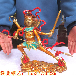 纯铜哪吒三太子摆件鎏金色三头六臂哪咤纳福保平安三太子道教神像