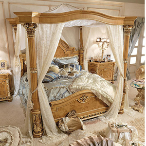 欧式实木床1.8米双人床架子床宫廷主卧主人房四柱布艺床带蚊帐架