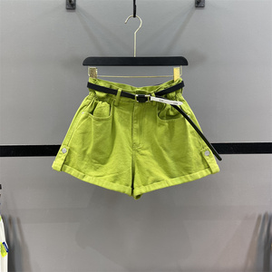 韩版2022夏季新款花苞腰绿色牛仔短裤女宽松休闲卷边阔腿a字热裤