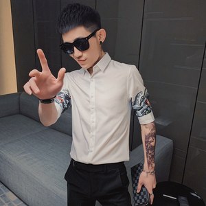 中袖衬衫男夏季七分袖潮流修身休闲衬衣发型师痞帅男装短袖寸衫潮