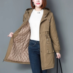 夹棉加厚风衣外套女冬装2021宽松中长款棉服连帽休闲薄棉加棉大衣