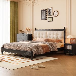 法式复古实木床中古风双人主卧大床1.8米美式轻奢黑色储物软包床