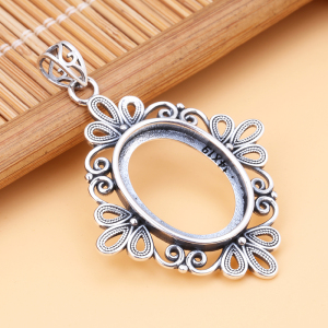 s925纯银吊坠空托镶嵌玉石绿松石蜜蜡琥珀复古吊坠托14*19银饰托