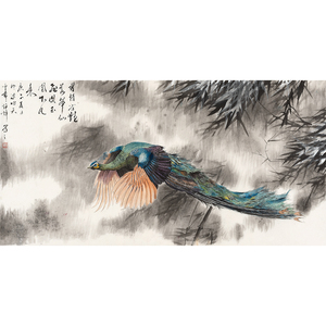 定制 许辉《飞凤玉凰》手绘工笔孔雀四尺横幅国画 客厅会所茶室