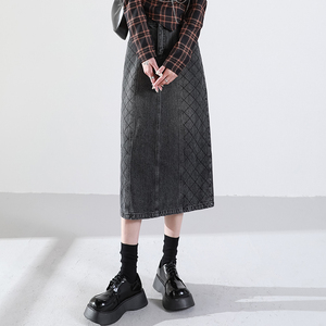 烟灰色牛仔裙半身裙女2022新款夏季格子裙中长款小个子裙子夏长裙