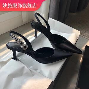 大王水钻字母包头一字带aw凉鞋女细跟性感绸缎女鞋妙旅服饰旗舰店