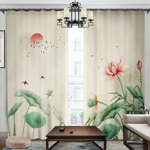 窗帘新中式高档大气书房卧室荷叶水墨画荷花莲花古典飘窗客厅遮光