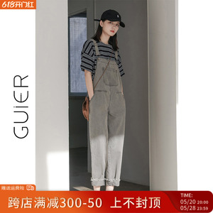 【GUIER】灰色毛边牛仔背带裤2024时尚洋气减龄九分裤子女秋季