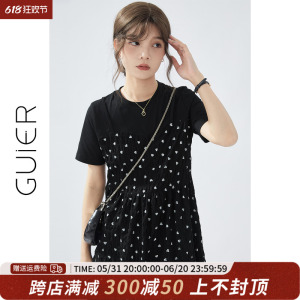 「GUIER」肌理感假两件连衣裙女夏2024新款爱心印花宽松显瘦裙子