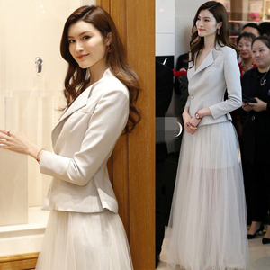 高端刘雯同款2022春季新款气质西装中长款纱网半身裙女外套套装裙