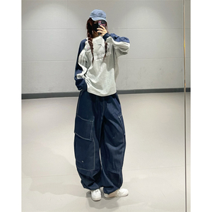 林小花 藏青插肩袖撞色卫衣女秋季韩国ins套头宽松hiphop字母上衣