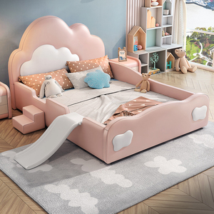 儿童床女童云朵护栏床软包滑梯床儿童房女孩公主床宝宝围栏滑梯床