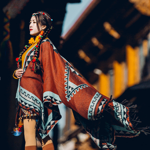 披肩披巾围巾季斗篷两用超大加厚民族风波西米亚西藏藏族拍照砖红