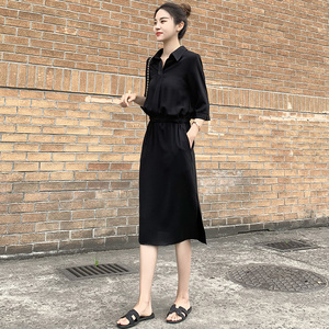 黑色雪纺连衣裙女2024夏季韩版法式赫本风超仙遮肚显瘦小个子裙子